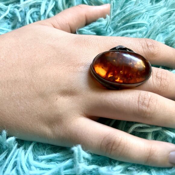 Vintage Large 925 Sterling Silver & Amber Ring Size 7.25 - Picture 6 of 12